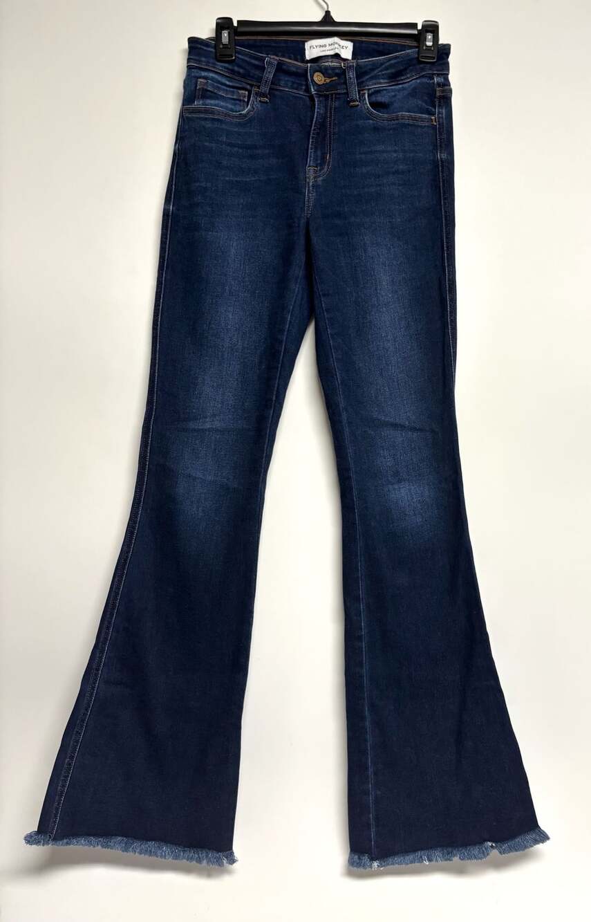 Flying Monkey Mid-Rise Flare Jeans Size 27 Dark Wash Frayed Hem